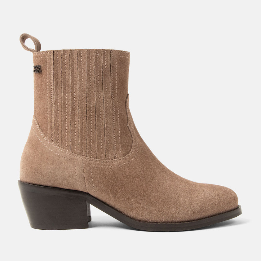 An Damen Wildleder-Stiefeletten Taupe